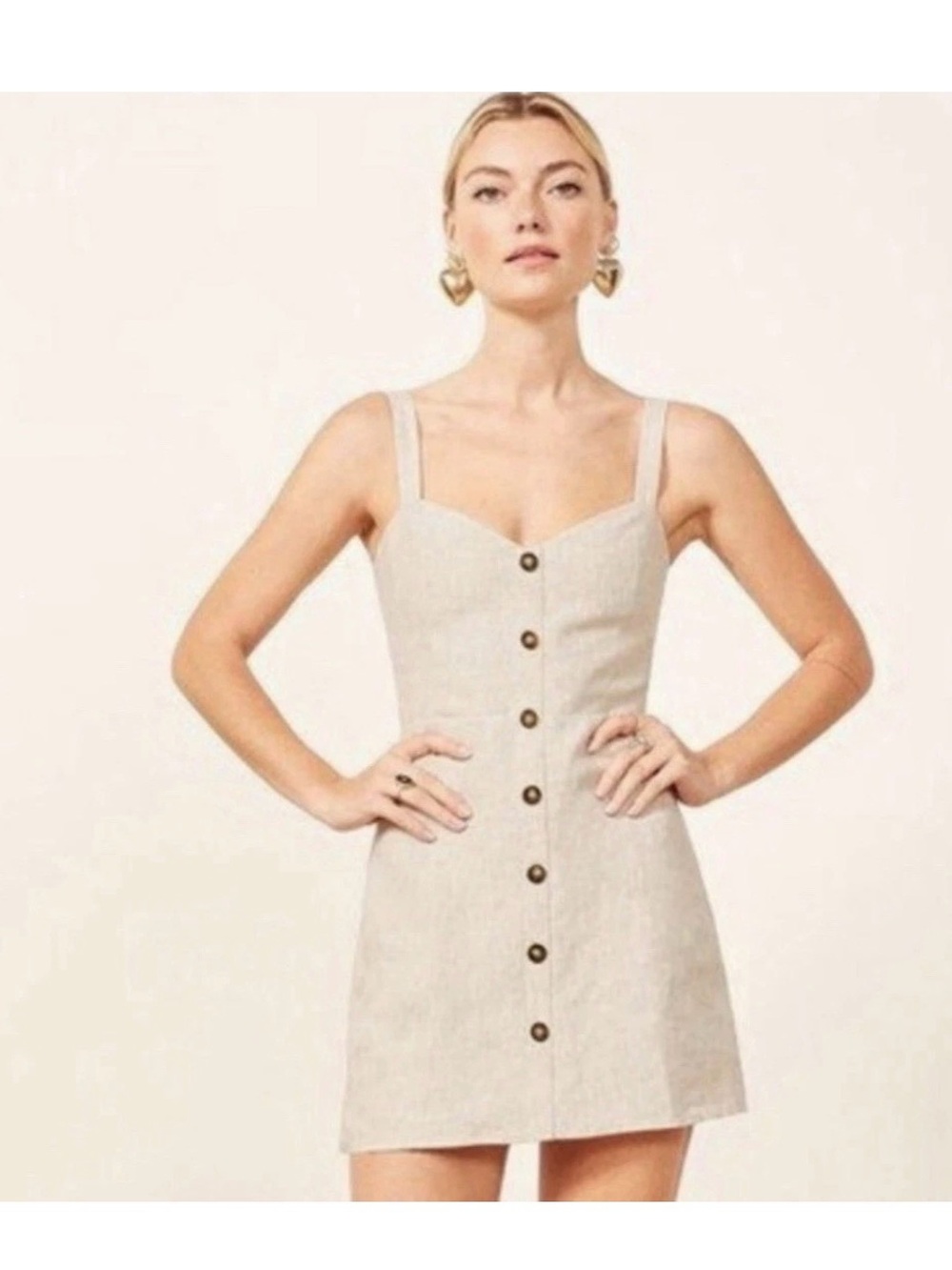 Reformation Finn Dress : Beige Button-Front Mini Dress